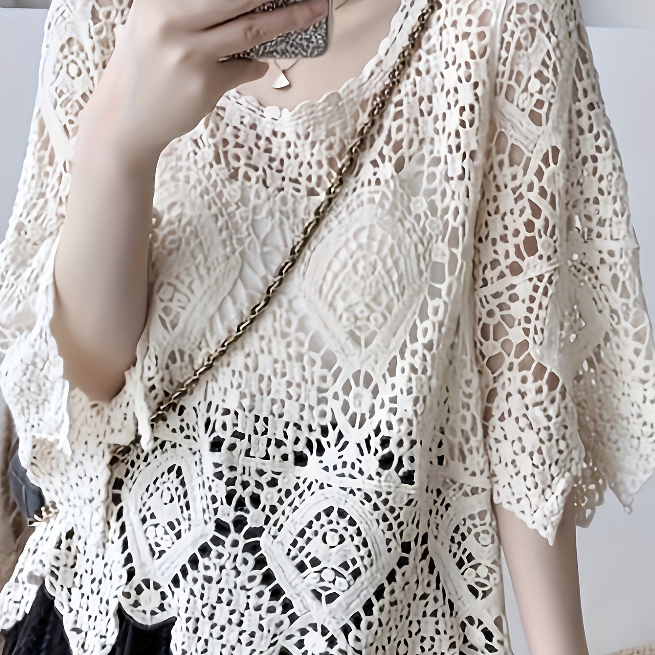 Elegant Crochet Hollow-Out Knit Top - Breathable Cotton Blend, Semi-Sheer, Round Neck - Perfect for Spring & Summer