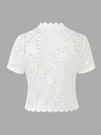 Elegant White Lace Contrast Cardigan - Short Sleeve, Stand Collar, Open Front Jacket for Women | Perfect for Spring\u002FSummer Parties & Casual Wear, Party Wear Cardigan | Lace Detailing | Constructio