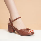 Women's Brown Faux Cover Chunky Heel Sandals - Open Toe, Ankle Strap, Buckle Closure, Stylish Summer Shoes for Casual or Dressy Outfits, Durable Pu Sole, High Heel Sandals