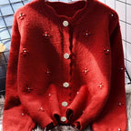 Women's Fashion Knit Cardigan, Round Neck, Embellished 3D Floral, Long Sleeve, Wavy Hem, Solid Color, Polyester, Regular Length, Button Detail, Elegant Style, Autumn\u002FWinter Season