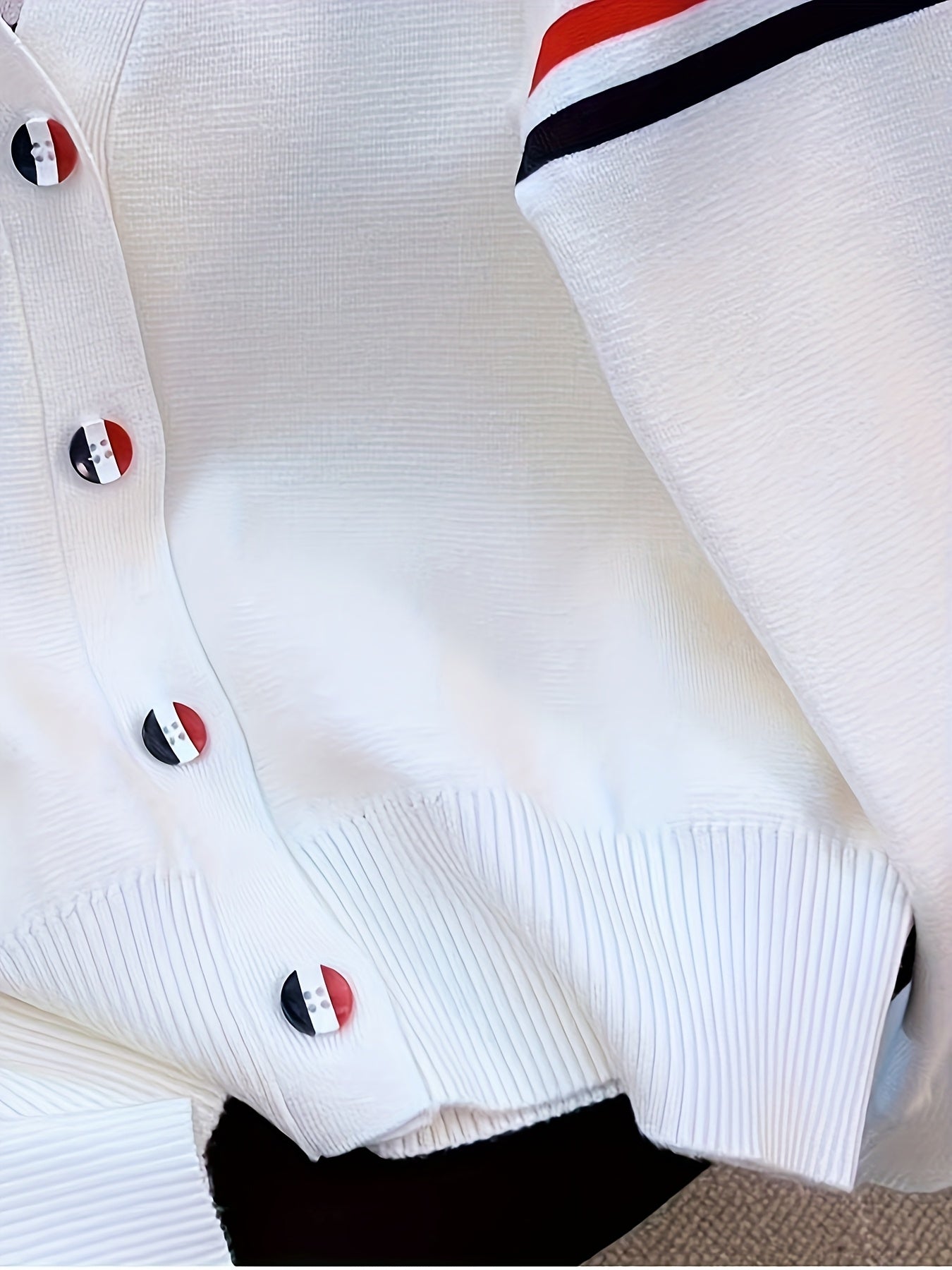 Women's Ice Silky Fiber V-Neck Cardigan - White with Red & Blue Striped Cuffs, Lightweight Long Sleeve Button-Front Spring\u002FFall Layering, Machine Washable Office to Casual Chic